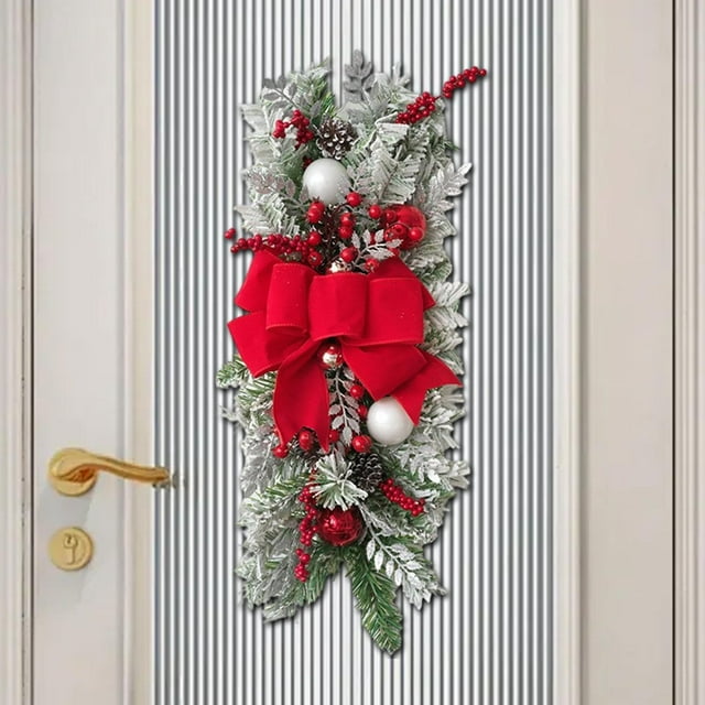 Corona de lágrima, corona artificial, guirnalda floral artificial, fácil de colgar con lazo para bodas, Navidad, interiores y exteriores Flocado rojo