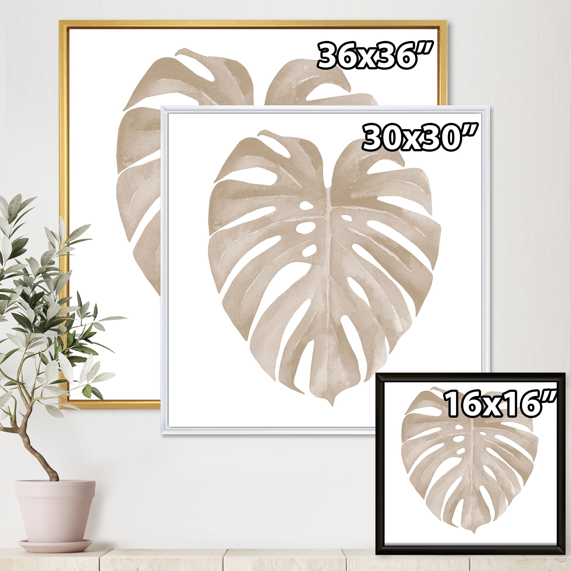 Designart 'Beige Ivory Pastel Monstera Heart Shaped Tropical Leaf' Traditional Framed Canvas Wall Art Print