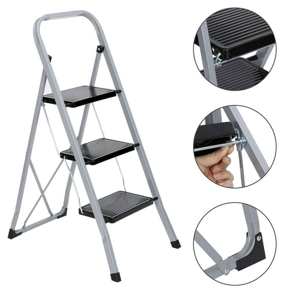 CZMDZH 3 Steps/4 Steps Ladder Folding Step Stool with Wide Anti-Slip Pedal, Convenient Handgrip, Portable Steel Step Stool, 330 lbs Sturdy Steel Ladder for Household and Office, 3 Steps Ladder