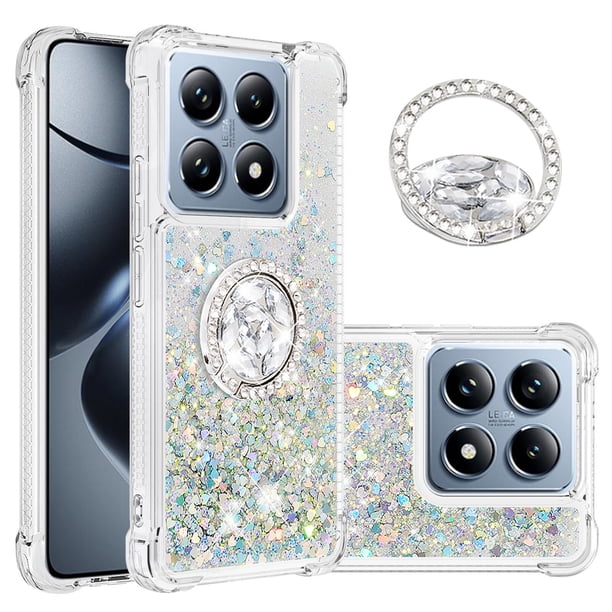 Funda para Xiaomi 14T 5G con Brillo Líquido Flotante, Purpurina, Parachoques y Anillo Giratorio Soporte