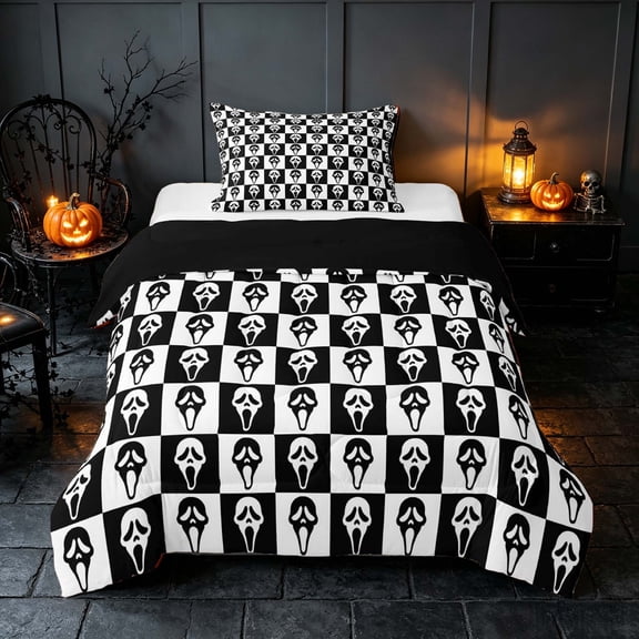 Homewish Ghost Face Checkered Twin Comforter Sets, Halloween Spooky Grid Bedding Set, Black White, Black Reversible, 2 Pieces 1 Comforter and 1 Pillowcase