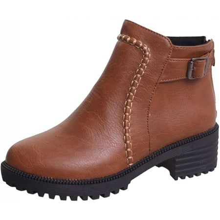 

OAVQHLG3B Women s Round Toe Zipper Comfy Casual Shoes Solid Comfortable Middle Chunky Heeled Short Boots Shoes