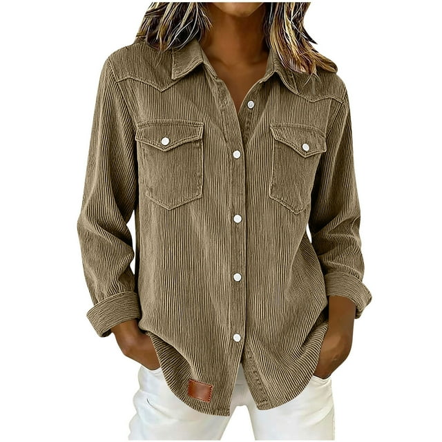 HongQid Womens Corduroy Shirts Botton Down Lapel Shacket with Pocket Spring Fall Long Sleeve Denim Blue Solid Color Tops