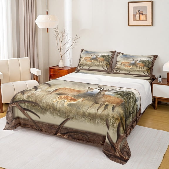Homewish Safari Deer Twin Sheet Sets 3pcs for Teens,Jungle Wildlife Twin Fitted Sheet Microfiber,Retro Tree Branches Breathable Flat Sheet,Luxury Bedroom Decor