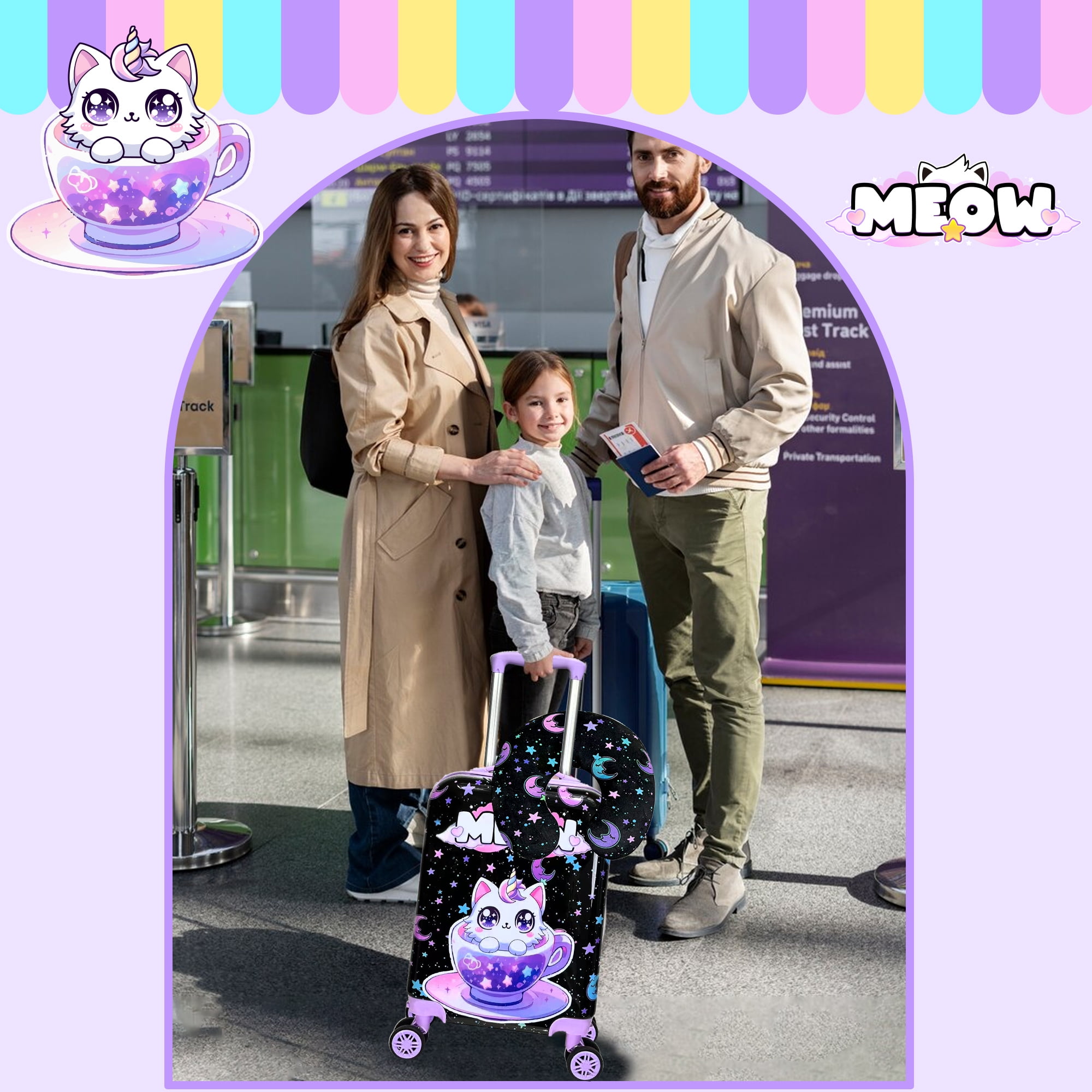 Kids Carry on Luggage Sets for Girls Rolling Small Suitcases with Wheels Travel Essentials for Kids with Travel Pillow 16 Inch Purple Cat
