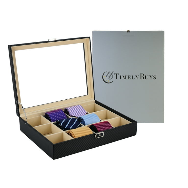 TIMELYBUYS Tie Display Case for 12 Ties, Belts, and Men's Accessories Black Carbon Fiber Storage Box