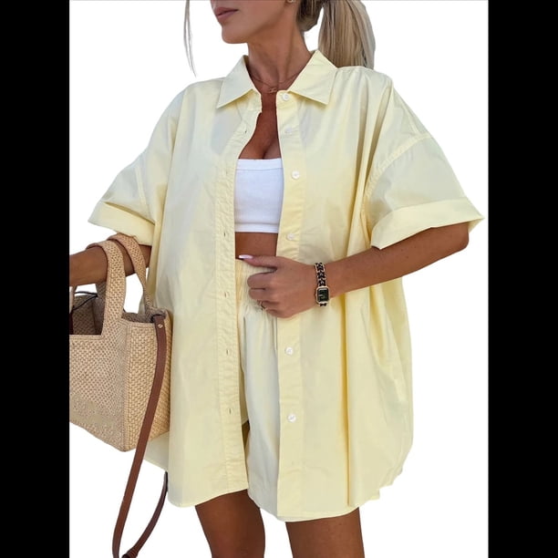 Conjunto de con Botones para Mujer, Camiseta de Corta y Pantalones Cortos, Conjunto de 2 Piezas para Vacaciones de Verano, Chándales de Estar por Casa. Amarillo XL