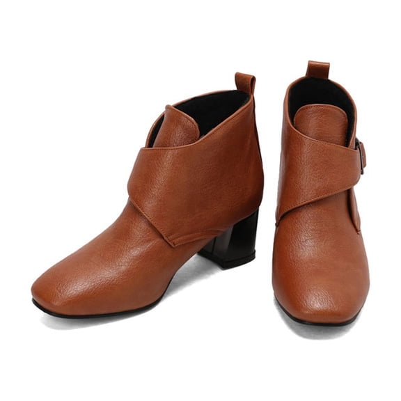 Ankle Boots for Women Round Toe Soft Splice Leather Buckle Ankle Strap Block Heel Dress Booties Fall Winter Casual Short Boots Brown Size 6.5