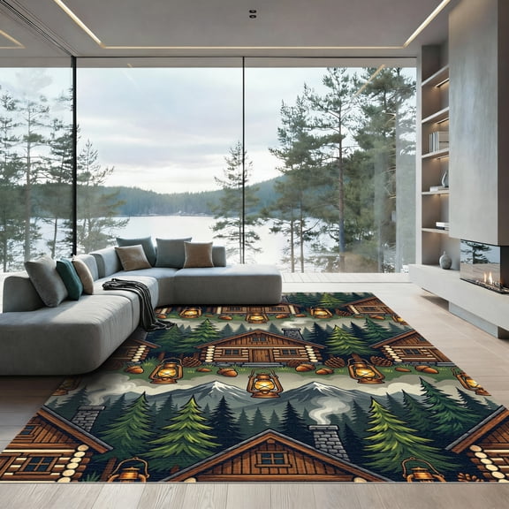 ODIKA 4'x6' Machine Washable Non-Slip Area Rug, Rustic Cabin Forest Green High Traffic Rug, Green, 1174624