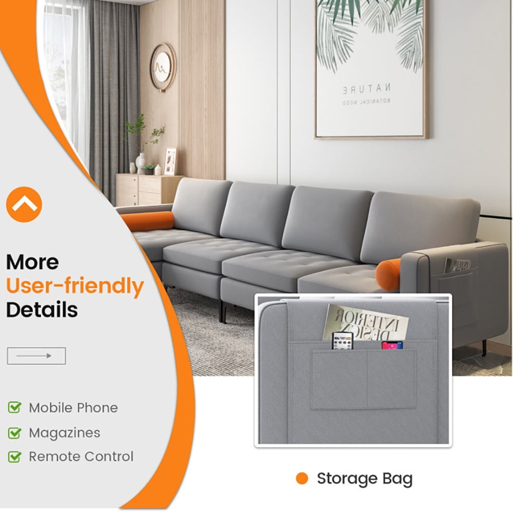 Finihen L-shaped Sectional Sofa Couch, Modular L-shaped 4-Seat Sectional Sofa with Reversible Chaise and 2 USB Ports, for Living Room, Light Gray Finihen L-shaped Sectional Sofa Couch, Modular L-shaped 4-Seat Sectional Sofa with Reversible Chaise and 2 USB Ports, for Living Room, Light Gray