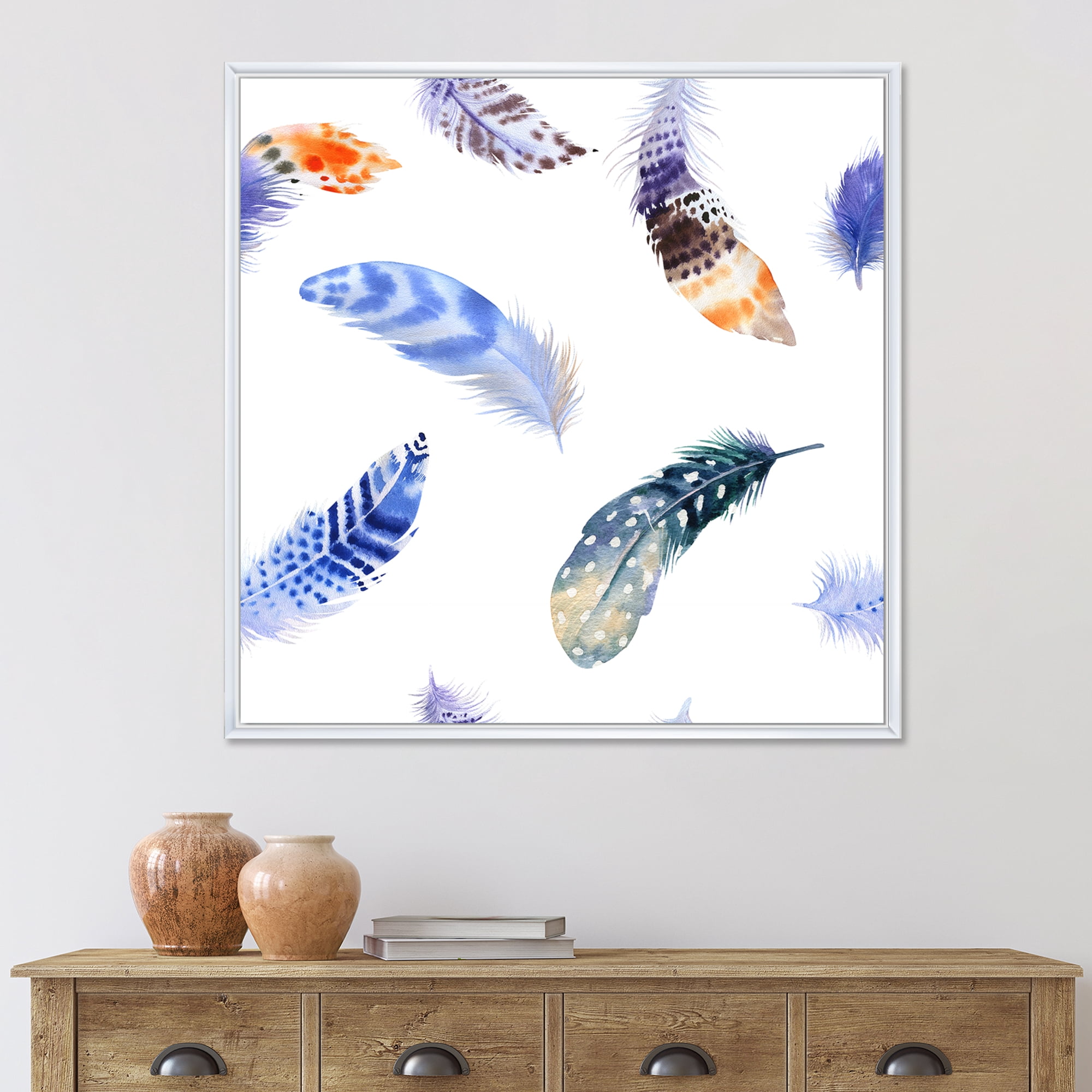 Designart 'Colourful Boho Feather Set On White VII' Bohemian & Eclectic Framed Canvas Wall Art Print