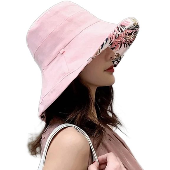 Wide Brim Cotton Summer Hat,Women's Packable Reversible Floral Bucket Hat Sun Protection Beach Cap Floppy Sun Hats