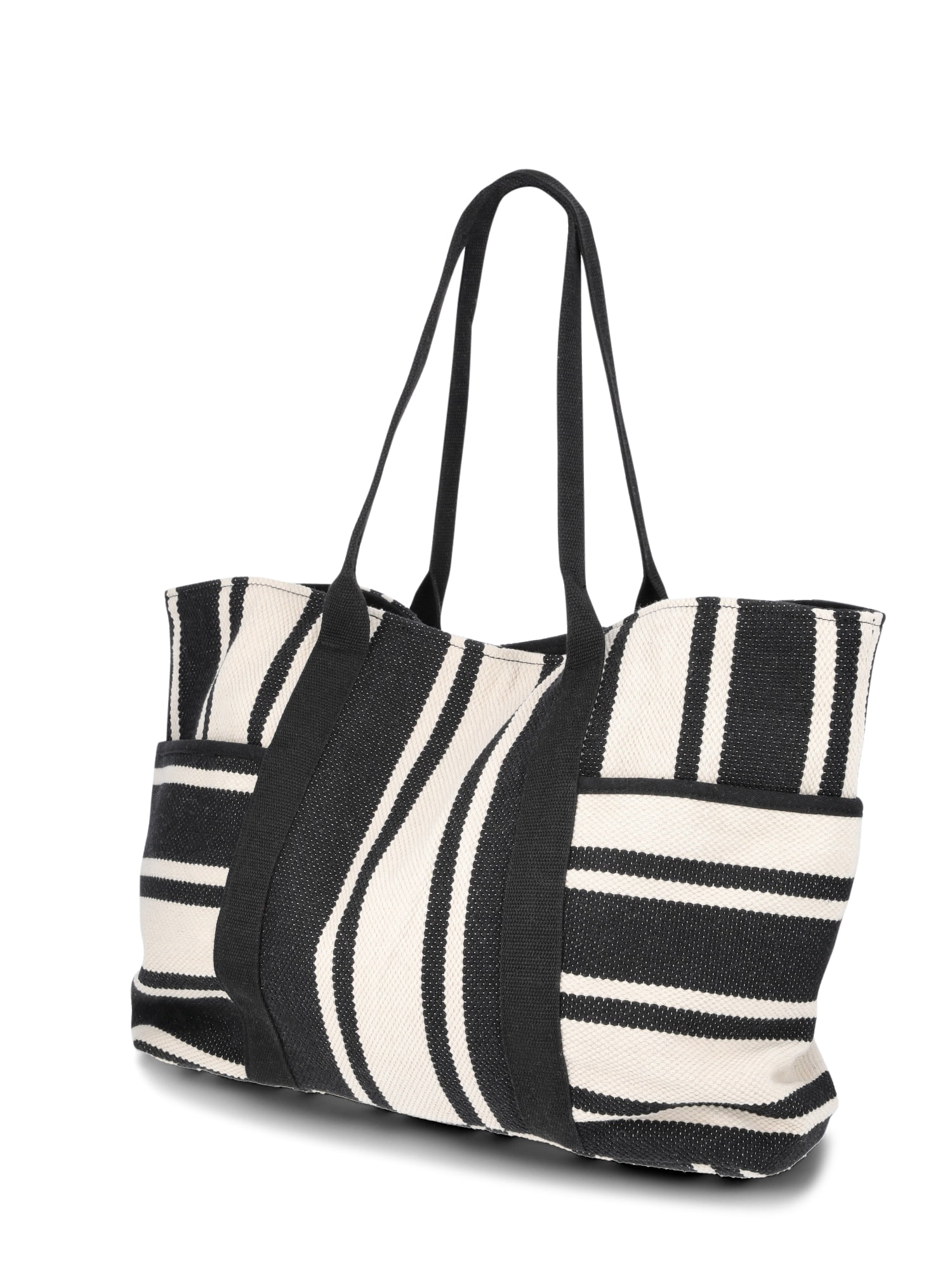Time and Tru Women's Pocket Tote Handbag and Matching Pouch, Black and White Stripes
