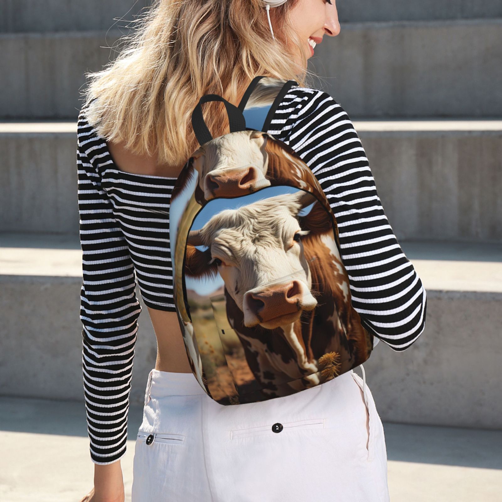 Picia Cute Daisy Cow Printed Canvas Daypack - Stylish and Durable Vintage Compact Backpack - Class, Work, Travel, or Laptop Bookbag,Organized Compartments-Small