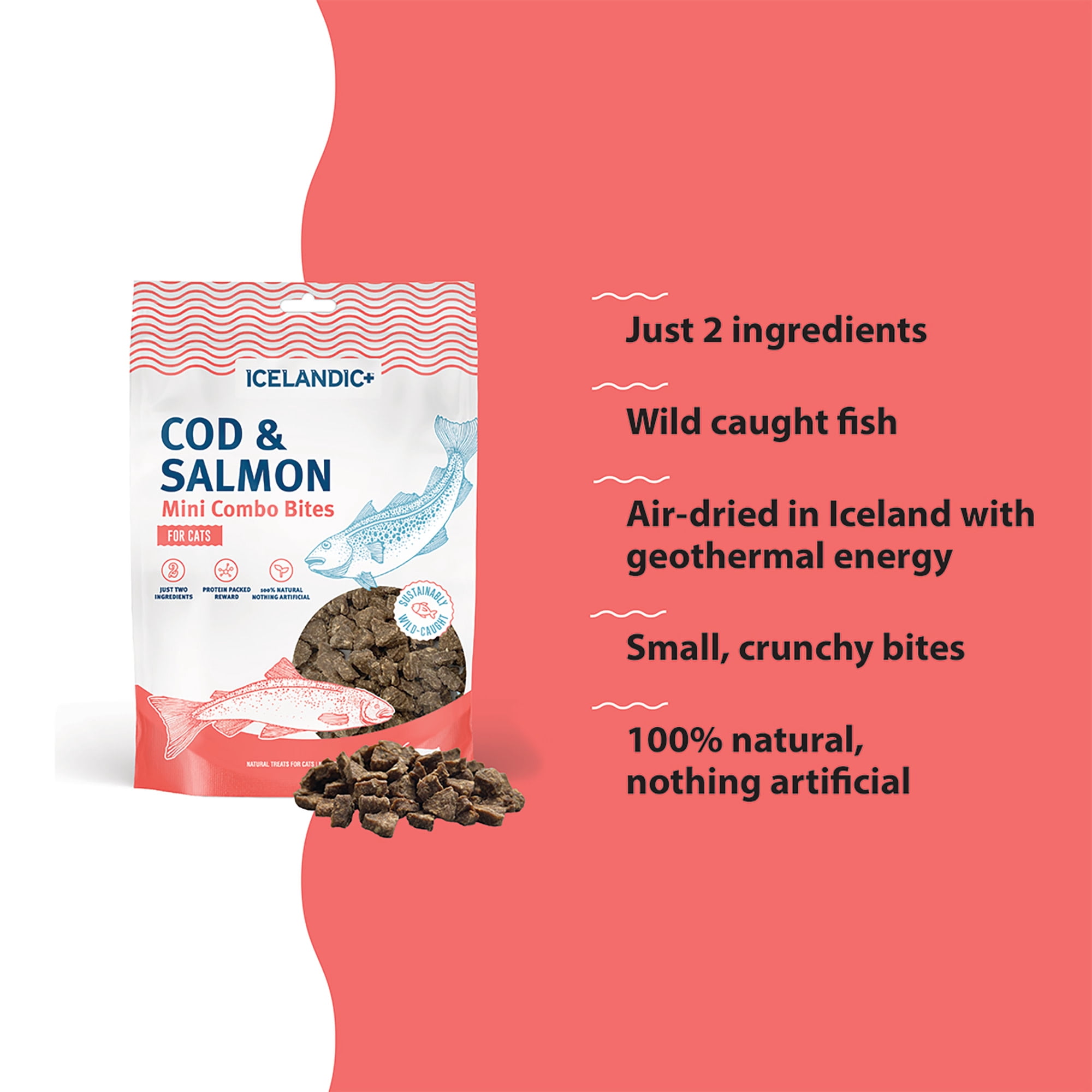 Icelandic+ Mini Combo Bites: Cod & Salmon - 1.7oz Bag - Cat Treats, .25" Crunchy Bites, 2 Ingredient Natural Pet Snacks, No Fillers, Wild-Caught Fish