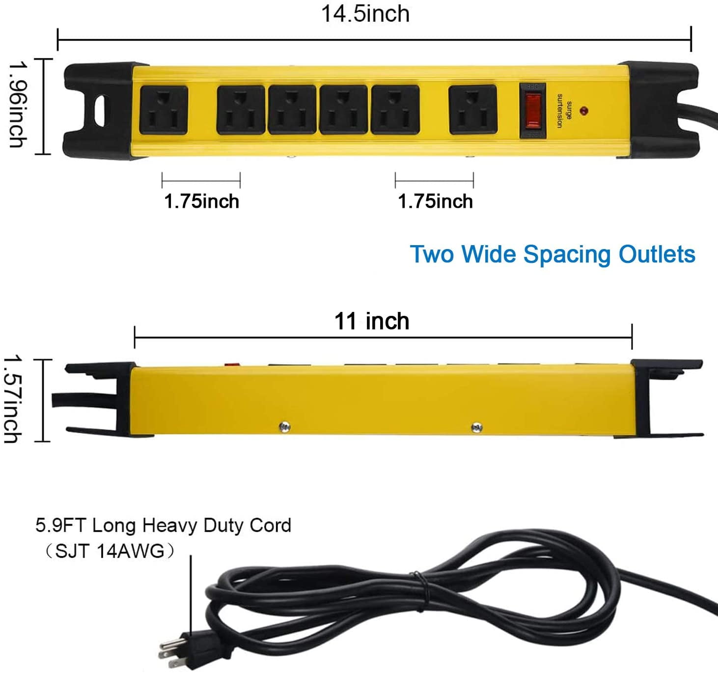 Heavy Duty Power Strip Surge Protector with 15A, 6 Plug Industrial Shop Workshop Garden Metal Multiple Outlets, 6FT Extension Cord 1200 Joules ETL Listed, Yellow