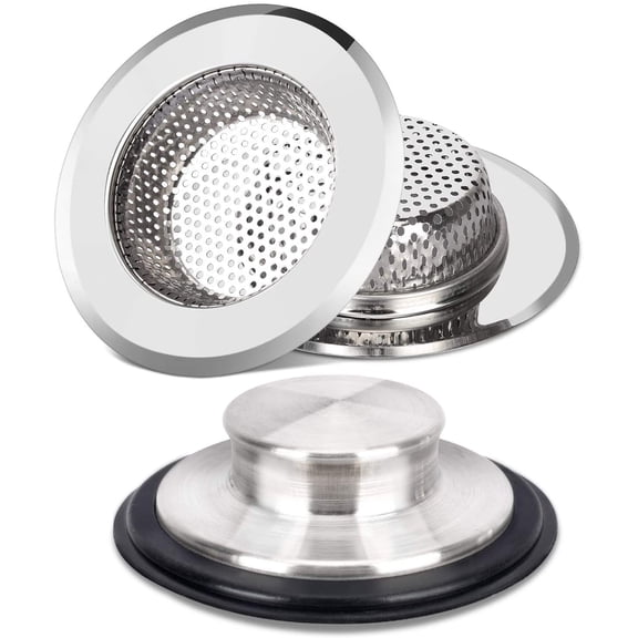 2 Pack Kitchen Sink Strainers, 1 Pack Anti-Clogging Kitchen Sink Stopper, Stainless Steel Garbage Disposal Sink Plug for Most Standard 3-1/2 Inch Drain - Keep Water or Filtration