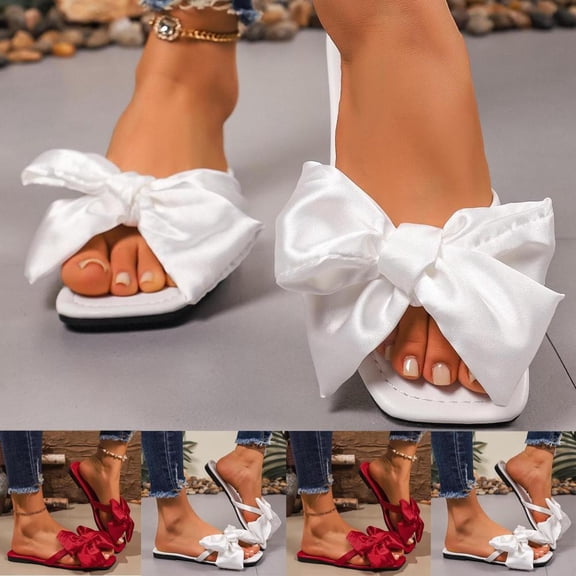Bxsruta Women's Plus Size Open-Toe Flat Sandals with Satin Bow, Lightweight Comfortable for Casual Everyday Outdoor Wear, Non-Slip Sole Spring Summer Style
