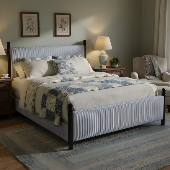 JUYG King Striped Rubberwood Upholstered Bed, 48-inch