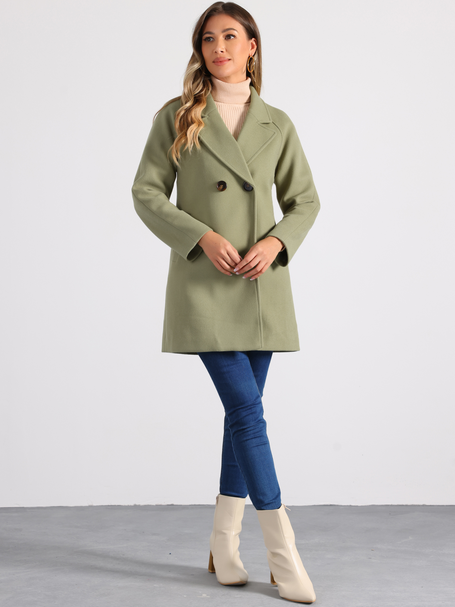 DARING DIVA Women's Notched Lapel Double Breasted Raglan Sleeve Coat Pea Green S