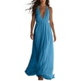 thumbnail image 2 of Dolkfu Minimalist Womens Summer&Fall dresses Blue Sleeveless V-Neck Maxi Faux-Wrap Dresses Flowy Cotton Blend Solid Sky Blue,XL, 2 of 6