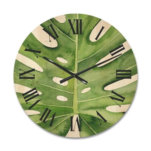 Designart 'Close Up Green Monstera Leaf Tropical Palm' Tropical Wood Wall Clock