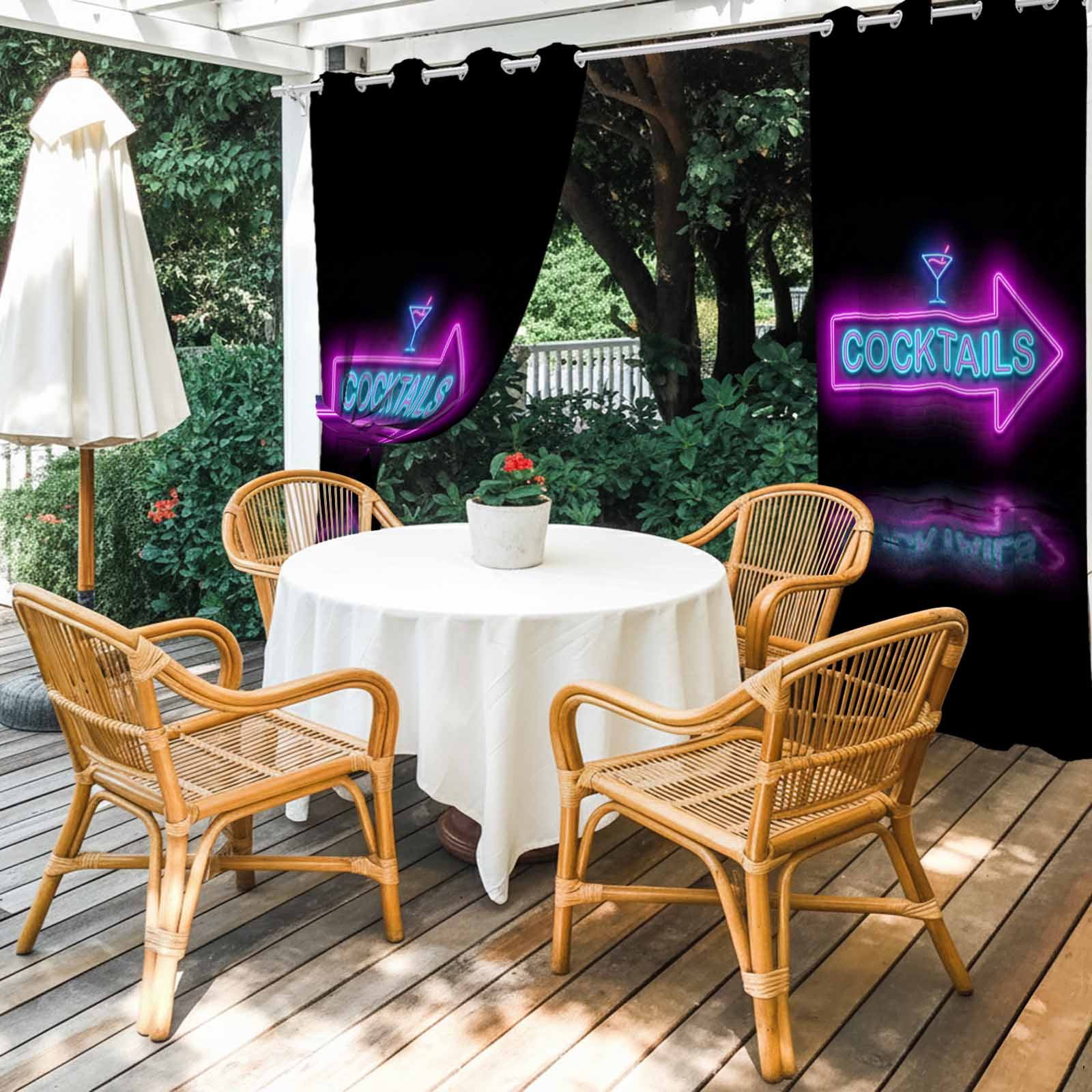 Cocktails Neon Arrow Outdoor Curtains for Patio, Modern Bar Style Blue Purple Cocktails Sign Sunshade Privacy Drapes Grommet Waterproof Outside Curtains for Porch/Cabana/Balcony 54"x 108", 1 Panel