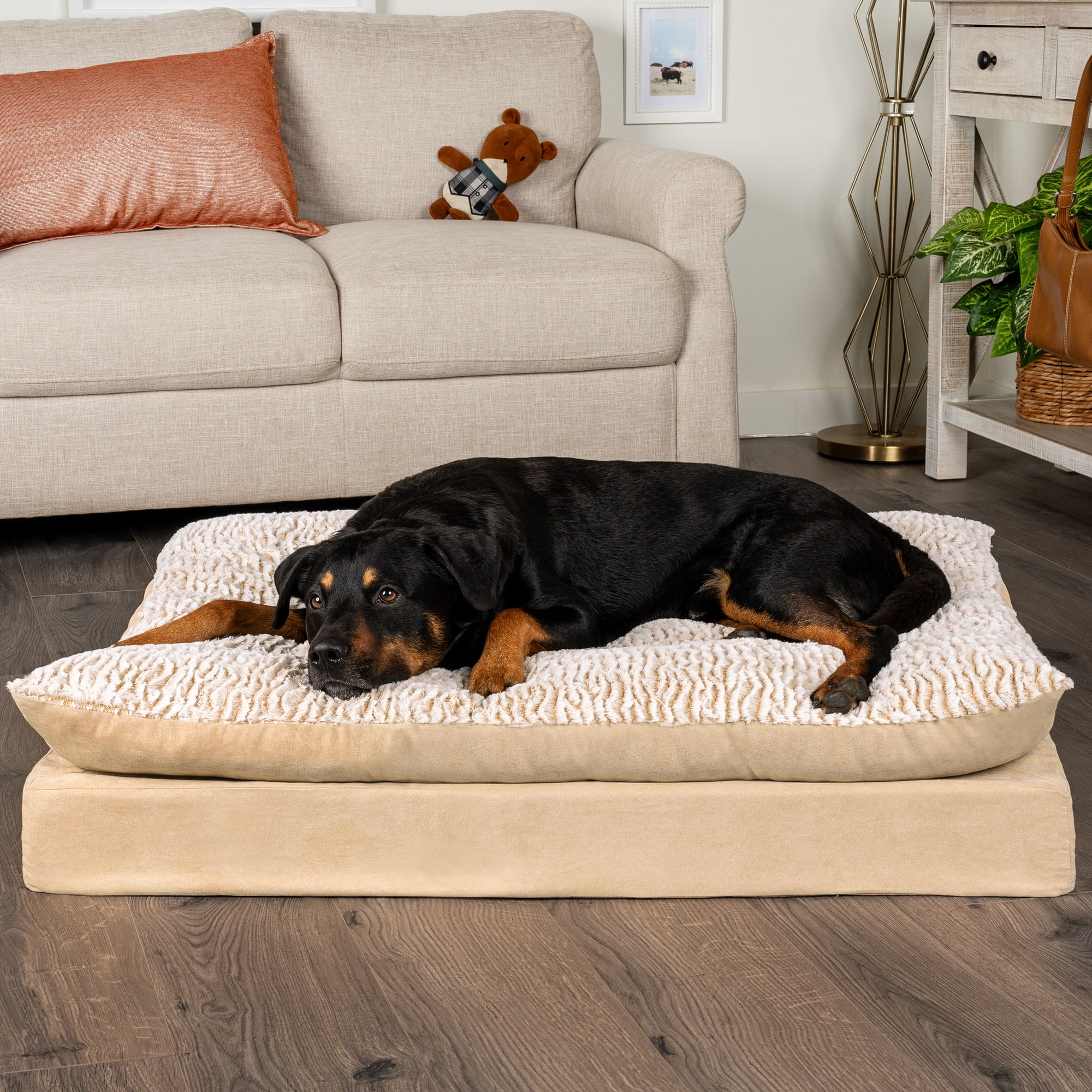 FurHaven Pet Products Embossed Faux Fur & Suede Orthopedic Pillow Top Mattress Pet Bed for Dogs & Cats - Taupe, Jumbo