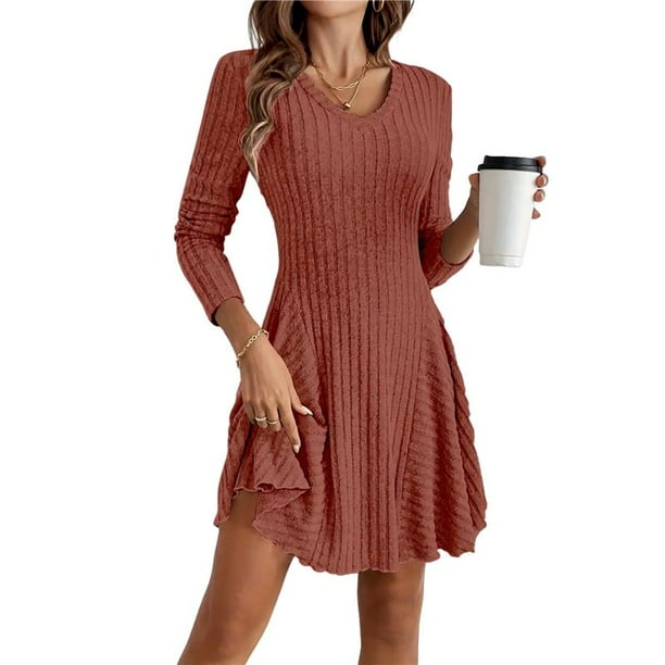 Vestido Corto de Punto Acanalado de Larga para Mujer, Otoño e Invierno, Cuello en V, Informal, Corte A Rojo Ladrillo M