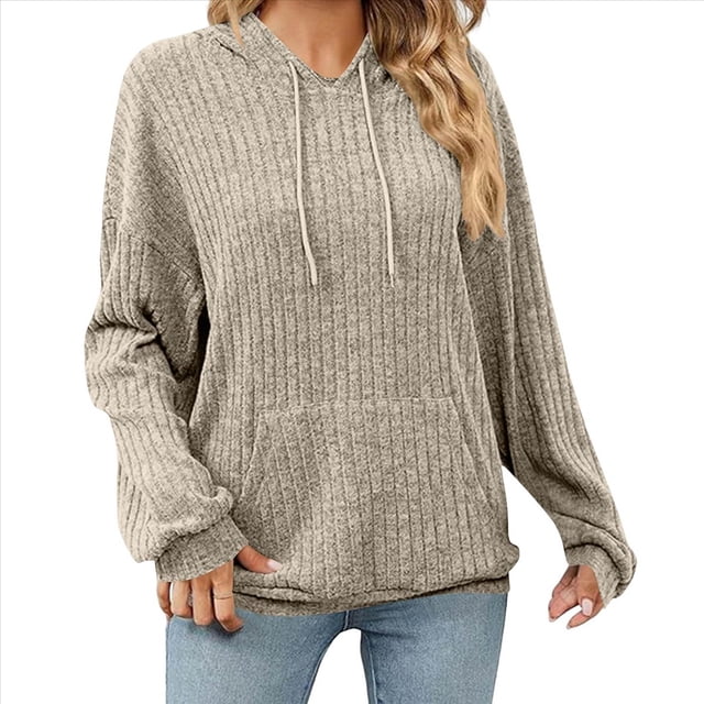 Sudadera con Capucha de Punto Acanalado para Mujer, Sudaderas Extragrandes con Bolsillo Tipo Canguro, Tops Casuales Holgados con Cordón Caqui M