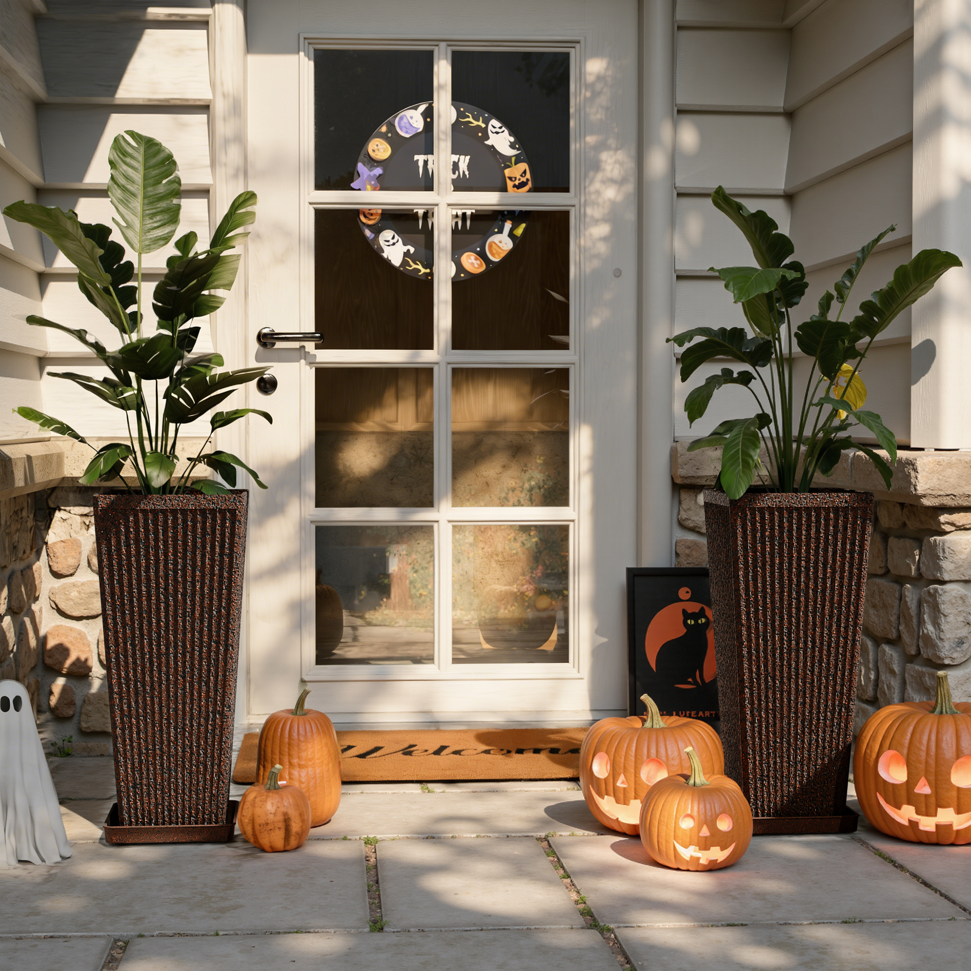 Chiccushion 23.6 inch Tall Planter Set of 2, Large Plastic Round Planter for Outdoor Indoor Garden Patio Front Door, Brown