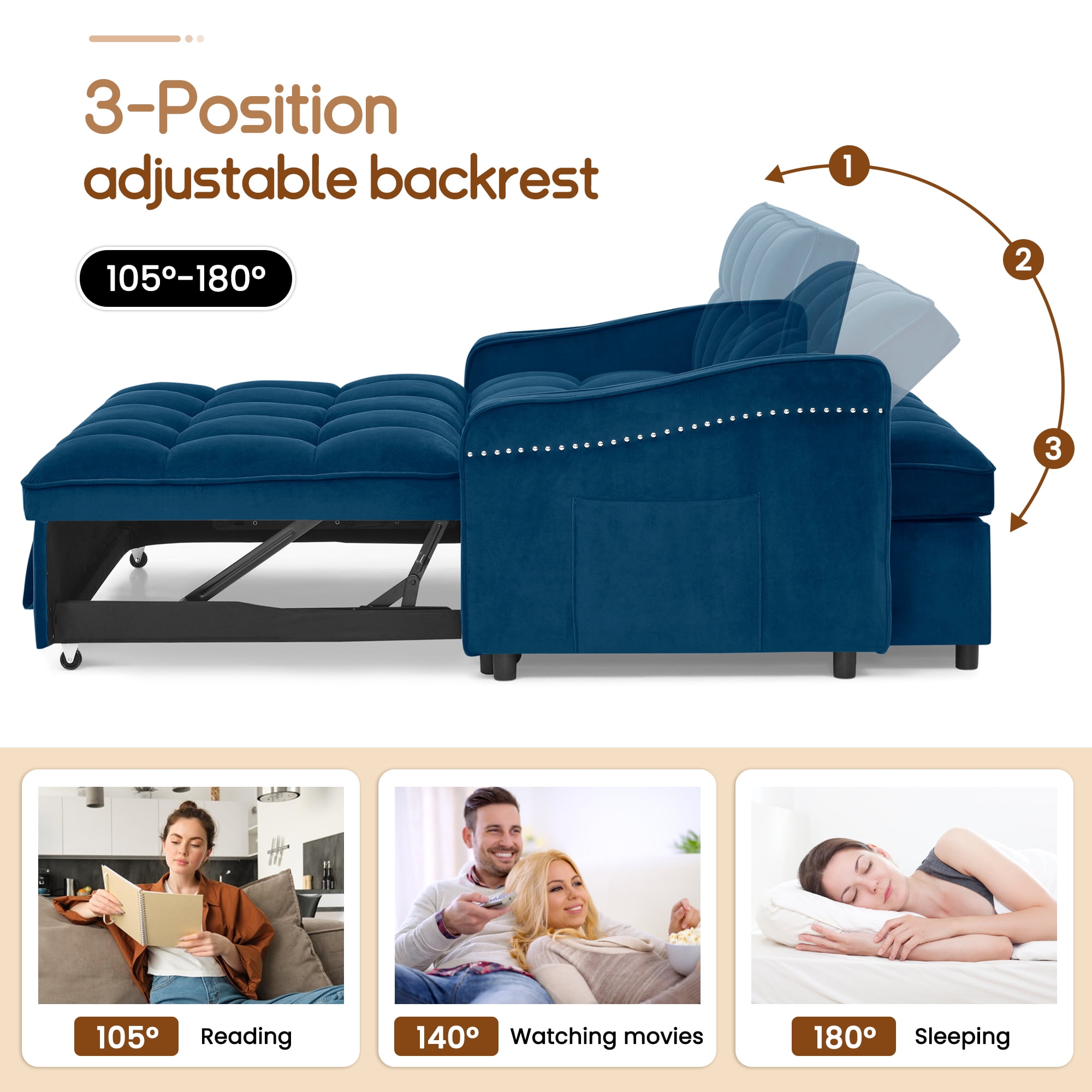 Lunale Pull Out Sofa Bed, Loveseat Sleeper with USB/Type-C, Adjust Back, Convertible Sleeper Sofa for Living Room/Apartment, Blue Velvet