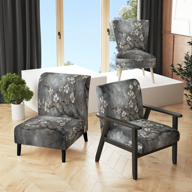 Designart « Monochromatic Sakura Serenity II » Fauteuil d'Appoint Rembourré Blanc à Motif Floral - Fauteuil Traditionnel avec Accoudoirs pour Chambre