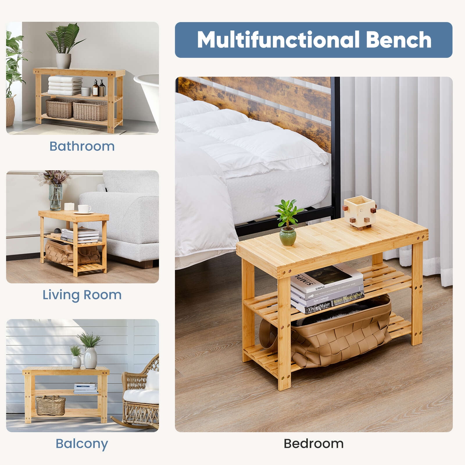 Gianna Shoe Rack Bench, 3-Tier Bamboo Storage Organizer, Wood