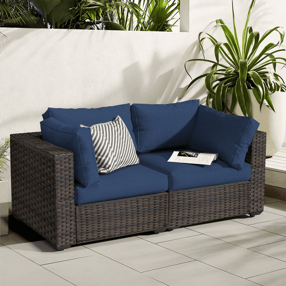 Gaildon 2 Pieces Patio Furniture Set, All Weather Outdoor Sectional PE Rattan, Patio Conversation Sets with Cushions and Glass Coffee Table for Garden Lawn Balcony Porch Deck, Blue