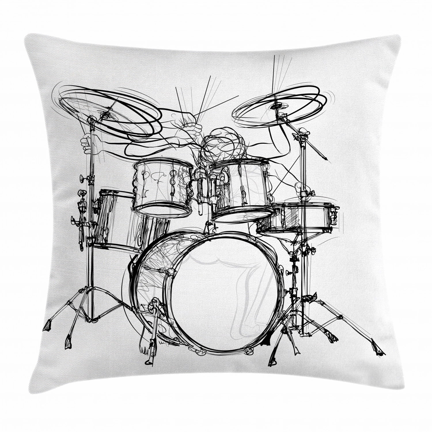Rock Music Throw Pillow Cushion Cover, Doodle Drawing Sketch Style Drummer Musical Inspirations Monochrome Arrangement, Decorative Square Accent Pillow Case