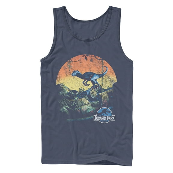 Men's Jurassic World Retro Raptor Sunset Tank Top Navy Blue Medium