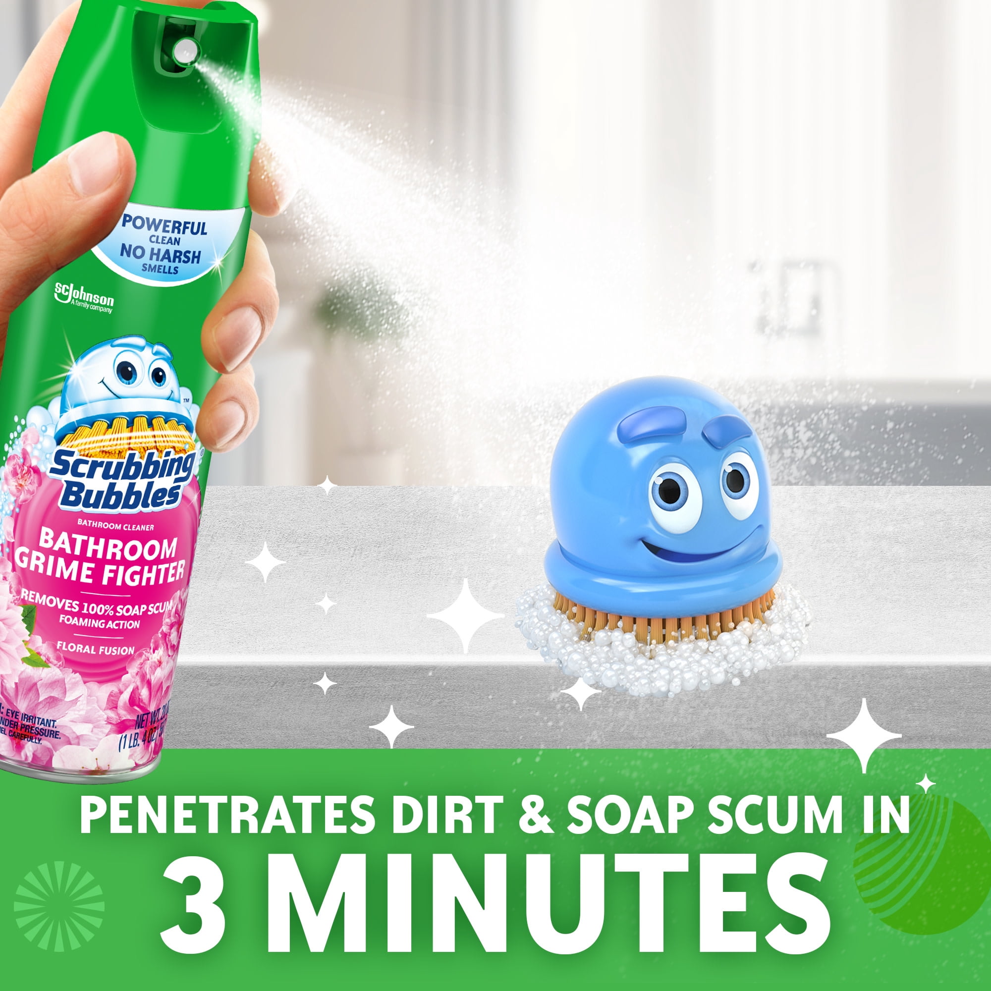 Scrubbing Bubbles Disinfectant Bathroom Shower & Tub Cleaner Grime Fighter Aerosol Spray, Floral Fusion, 20oz