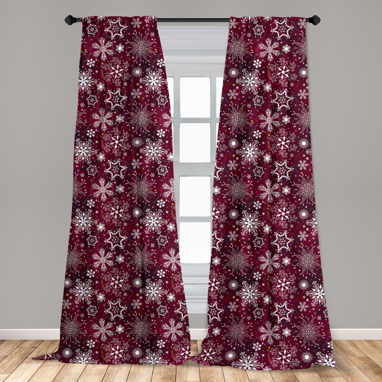 Winter Curtains 2 Panels Set, Floral Flakes with Colorful Swirls Dots