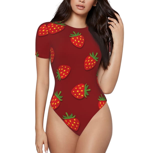 Balery Strawberry Body de cuello redondo de manga corta para mujer Tops de manga corta Tops básicos-Medium