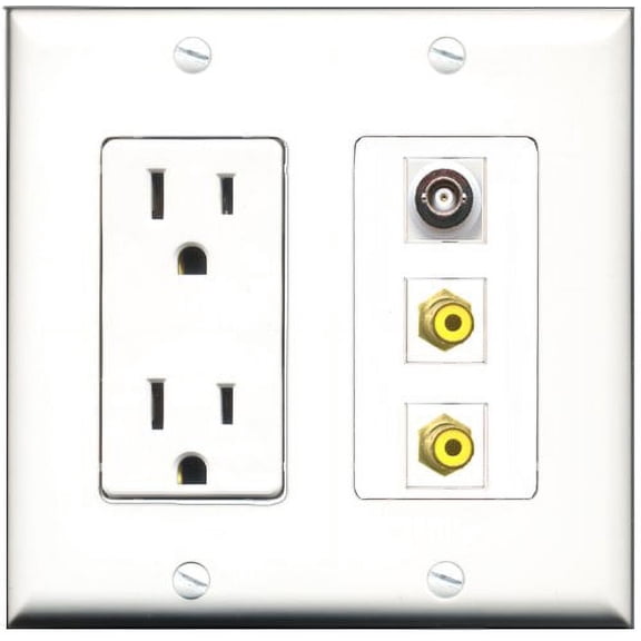 RiteAV - 15 Amp Power Outlet 2 Port RCA Yellow 1 Port BNC Decorative Wall Plate