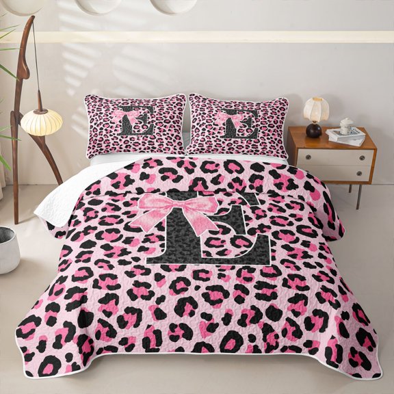 Manfei Pink Leopard Print Bow Letter E Twin Quilt Set for Girls, Fashion Initial Twin Coverlet Set