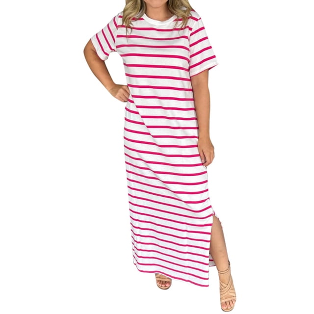 TSADFHJI Jupes pour Femmes Grande Taille Motif Rayé Poche Latérale Robe T-Shirt Décontractée pour Femmes Manches Courtes avec Ourlet Fendu Col Rond Robe de Mode TG