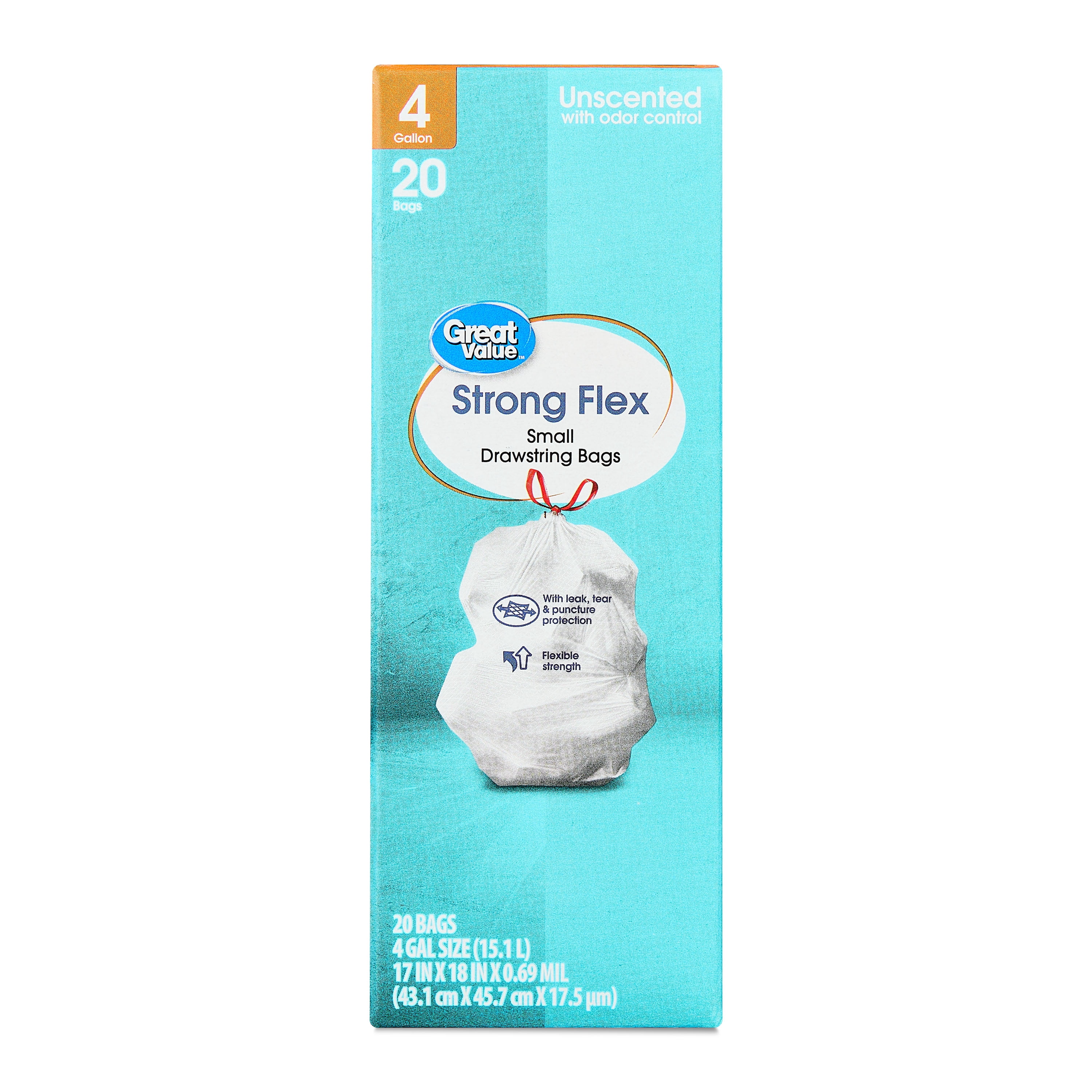Great Value 4 Gallon Strong Flex Small Drawstring Trash Bags, 20 Bags