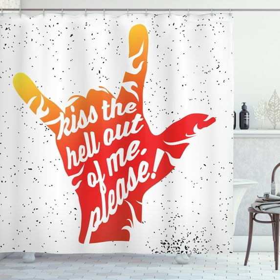 Quote Shower Curtain, Kiss the Hell out of Me Please Phrase Rock and Roll Symbol Grunge Dots, Fabric Bathroom Set with Hooks, 69W X 84L Inches Extra Long, Vermilion Orange Black, by Ambesonne