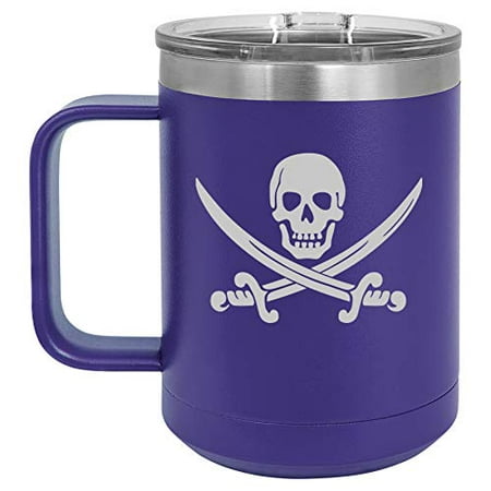 15 oz Tumbler Coffee Mug Travel Cup With Handle & Lid Vacuum Insulated Stainless Steel Jolly Roger Pirate