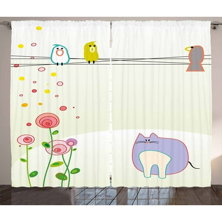 Toddler Curtains 2 Panels Set Cute Childrens Drawing Style Bird