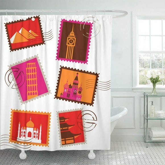 YUSDECOR Travel Landmarks Stamps Collection Passport Tour World Dubai Eiffel Bathroom Decor Bath Shower Curtain 66x72 inch