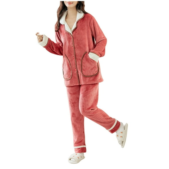 Lindreshi Womens Pajama Sets Ladies Coral Fleece Warm Pajamas Set Can Be Worn Out Long Sleeve Cardigan Pocket Homewear