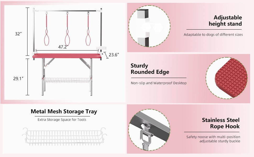 47" Pet Grooming Table Pink, Stainless Steel Foldable Grooming Table for Dogs at Home Adjustable Height Arms Pet Station with Nooses, Mesh Tray, Tool Organizer